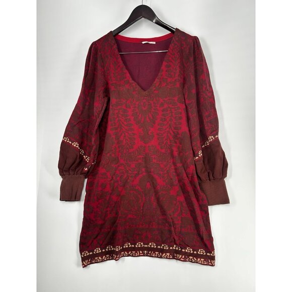 Free People Sweater Dress Womens Xl  Music Lyrics Mini Bishop Sleeve Boho Red - Picture 1 of 5